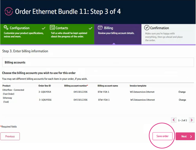 Save order button highlighted in bottom right of Ethernet order page
