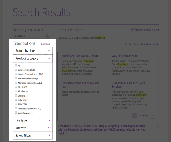 Filters in search results page